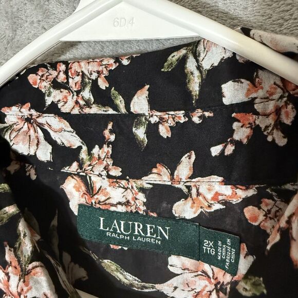 Lauren Ralph Lauren Top Plus 2X Semi Sheer  Sleeves Dark Floral Collared Bloom - Picture 3 of 10
